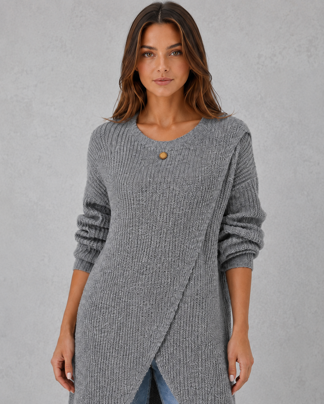 Women's soft luxury knit top with an elegant draped neckline, relaxed fit, and sophisticated silhouette for effortless day-to-evening styling.