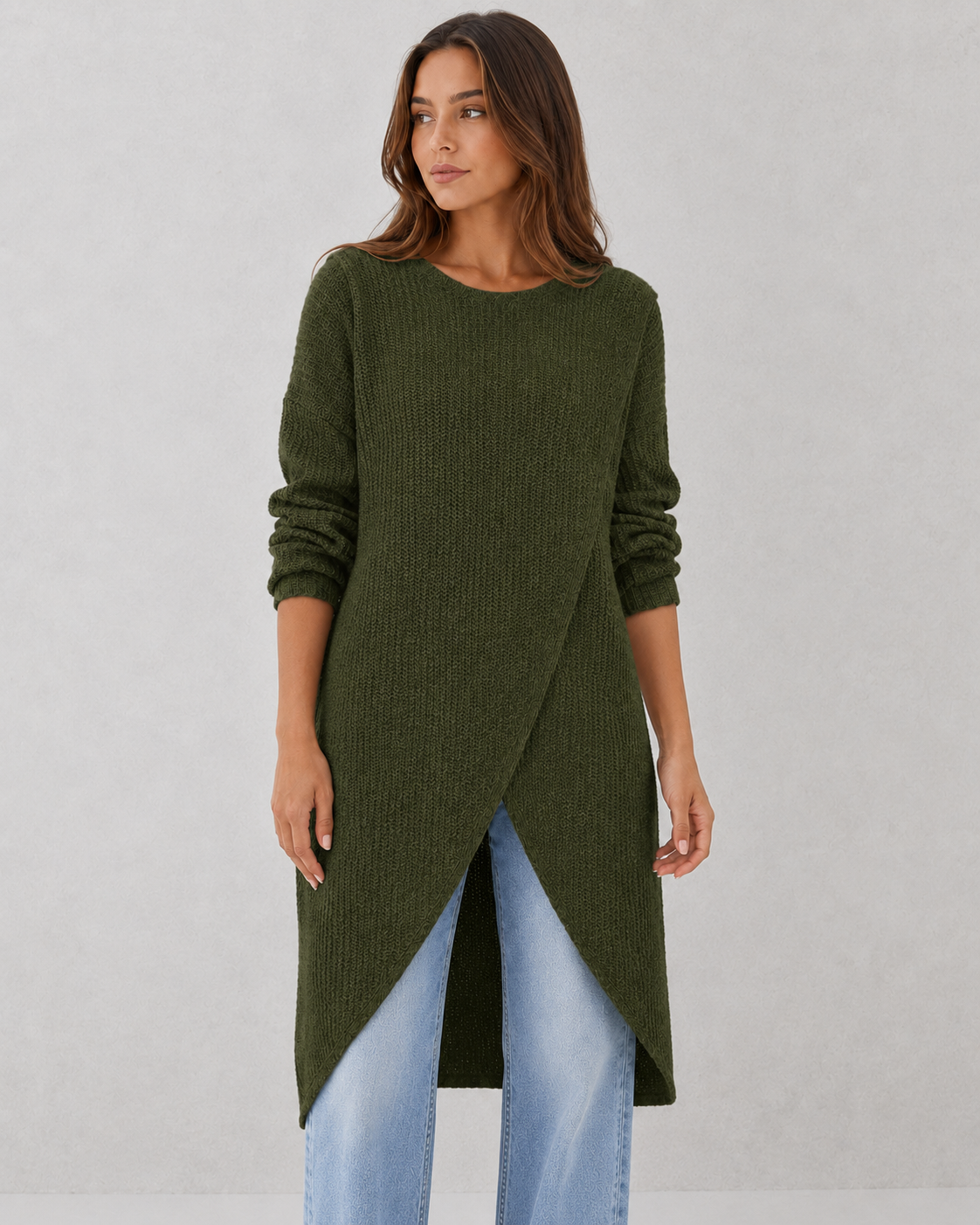 Women's soft luxury knit top with an elegant draped neckline, relaxed fit, and sophisticated silhouette for effortless day-to-evening styling.