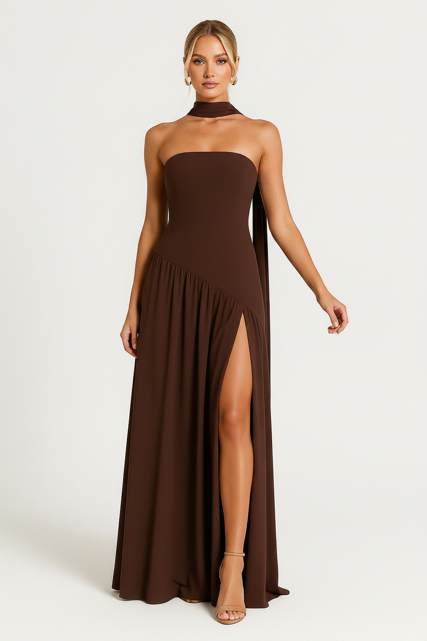 Women's strapless draped satin maxi dress with a fitted bodice and flowing full-length skirt, creating an elegant silhouette ideal for formal events, evening occasions, and celebrations.