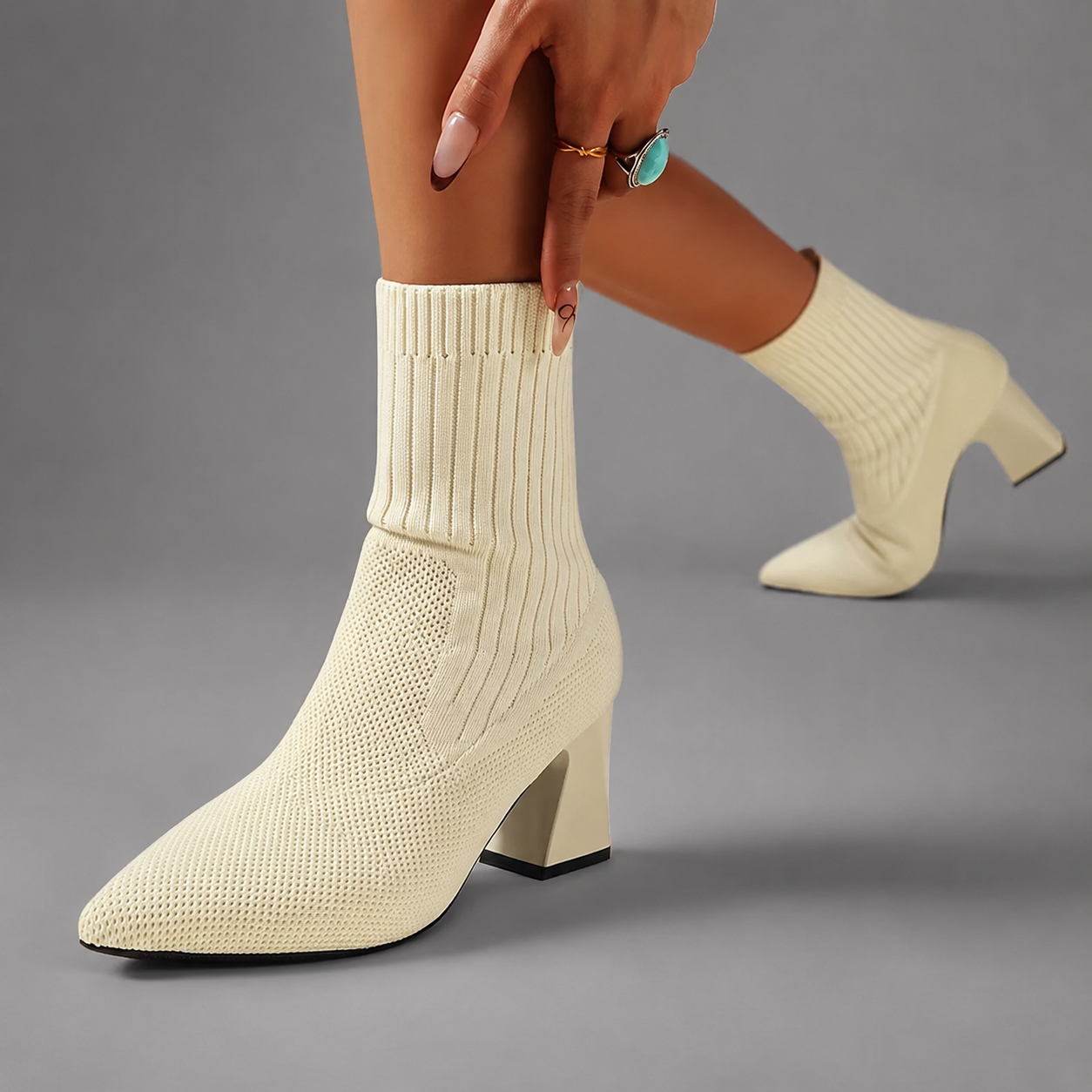 Women's mid-calf bohemian boots with a chunky 7.2 cm heel, slip-on design, soft fabric upper and durable rubber sole, ideal for everyday autumn and winter wear.