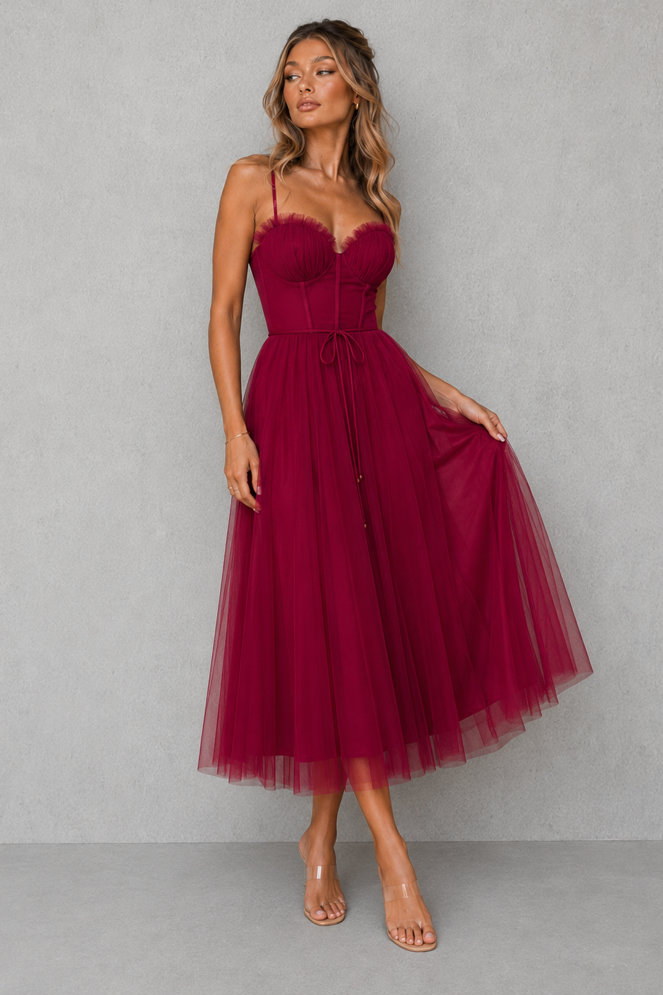 Women’s elegant wedding guest midi dress featuring a sculpted silhouette, regular fit, and clean structured design made from lightweight breathable fabric for special occasions and versatile styling.