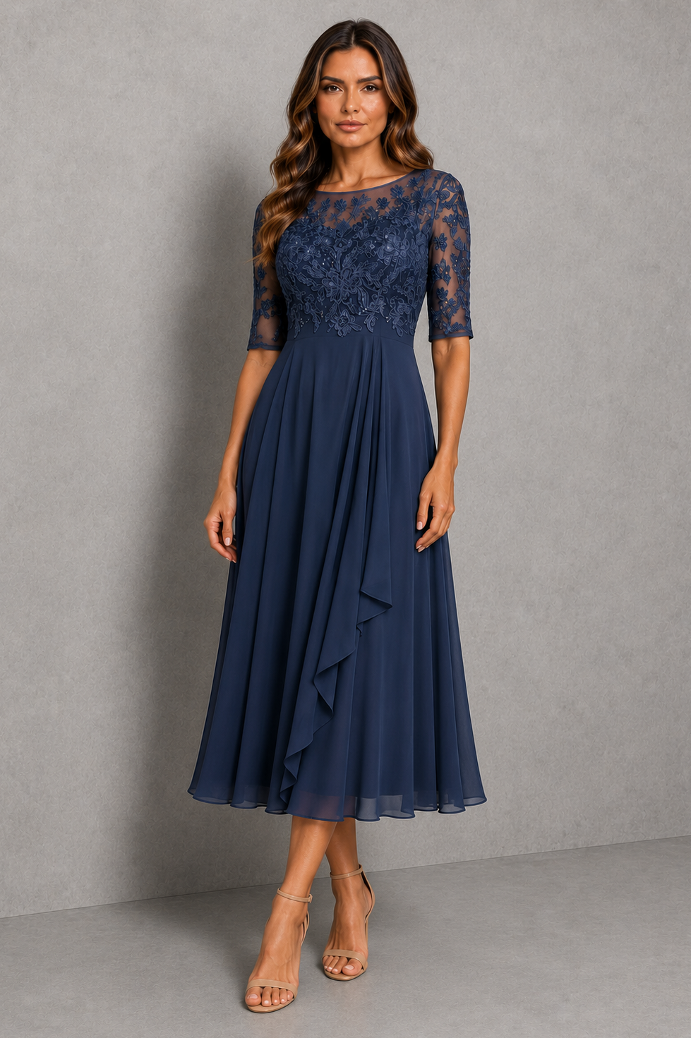 Women’s embroidered lace midi dress with illusion neckline, sheer three-quarter sleeves, fitted waist and flowing chiffon skirt.