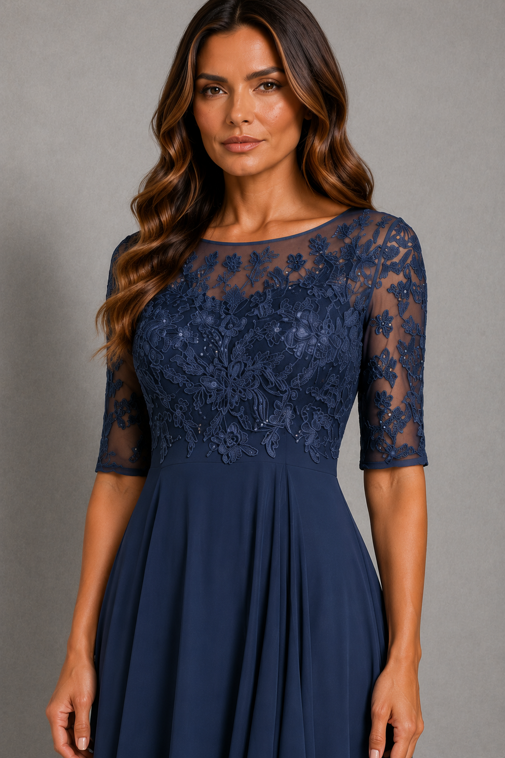 Women’s embroidered lace midi dress with illusion neckline, sheer three-quarter sleeves, fitted waist and flowing chiffon skirt.