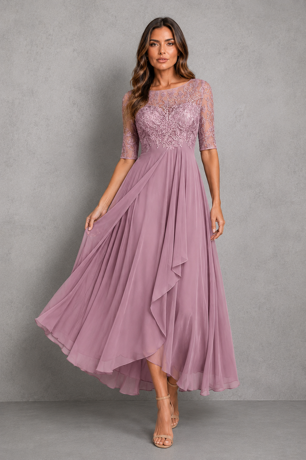 Women’s embroidered lace midi dress with illusion neckline, sheer three-quarter sleeves, fitted waist and flowing chiffon skirt.