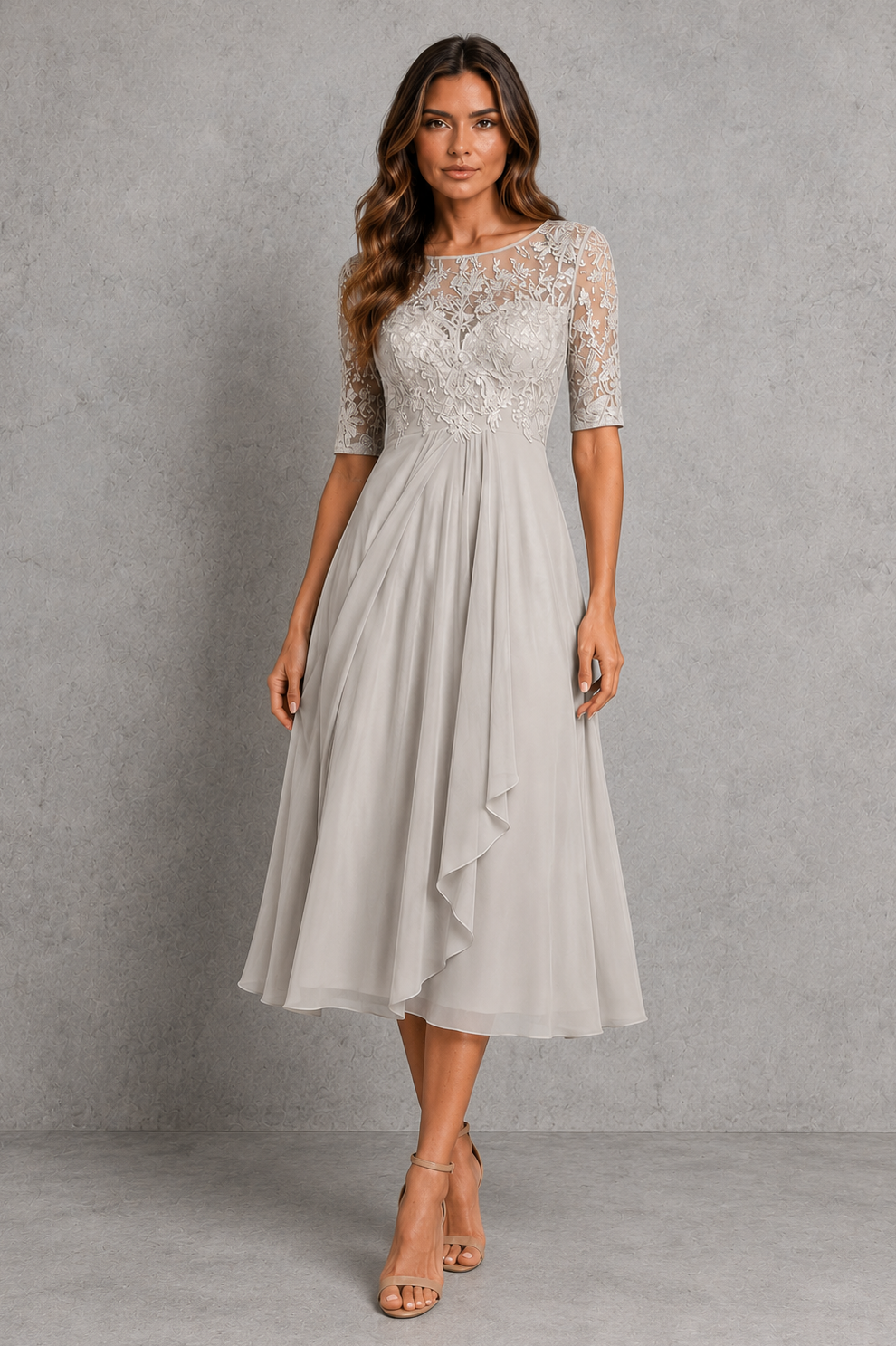 Women’s embroidered lace midi dress with illusion neckline, sheer three-quarter sleeves, fitted waist and flowing chiffon skirt.