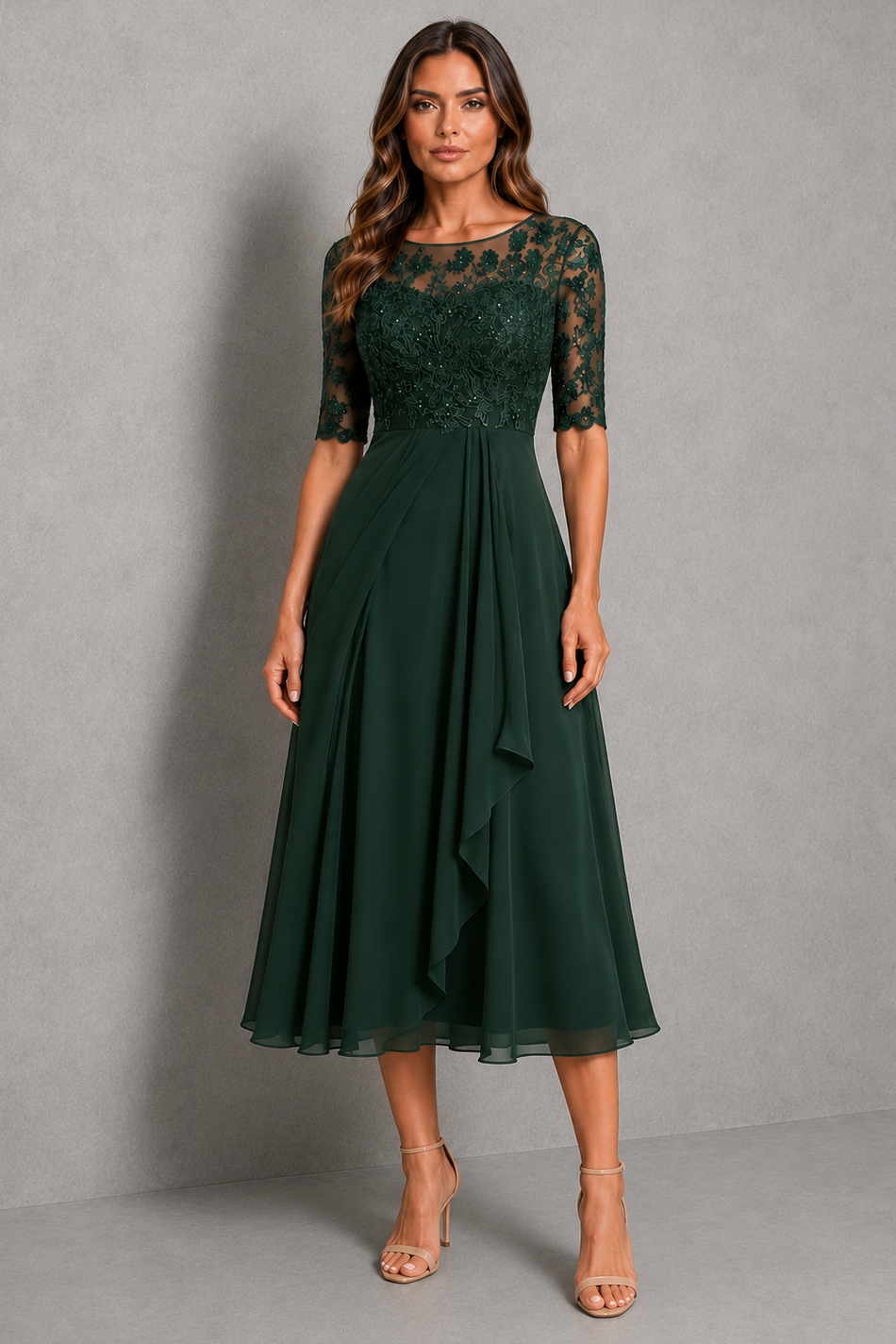Women’s embroidered lace midi dress with illusion neckline, sheer three-quarter sleeves, fitted waist and flowing chiffon skirt.