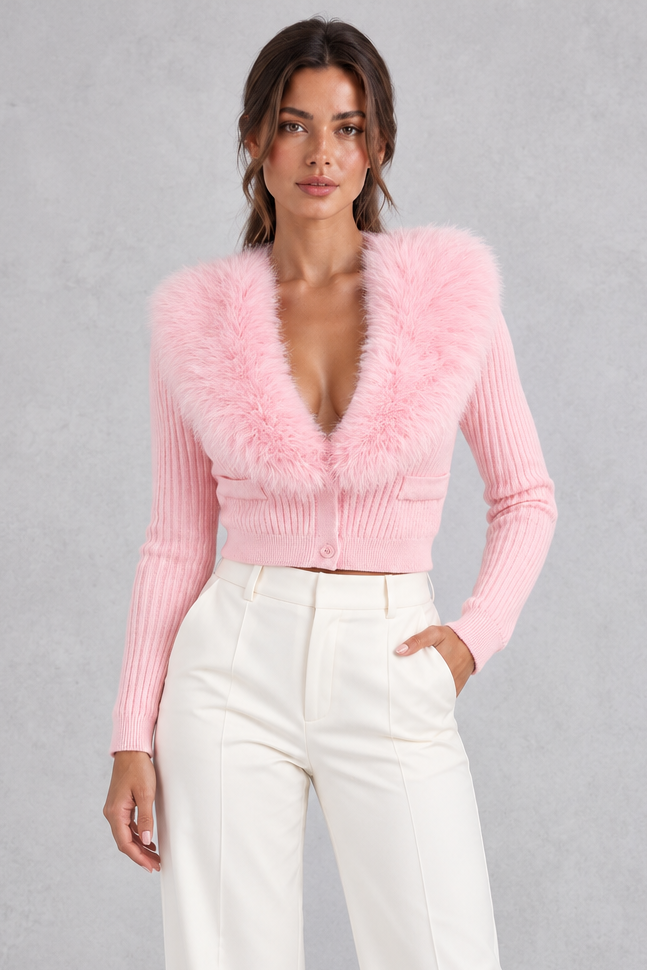 Back view of fitted ribbed knit cardigan