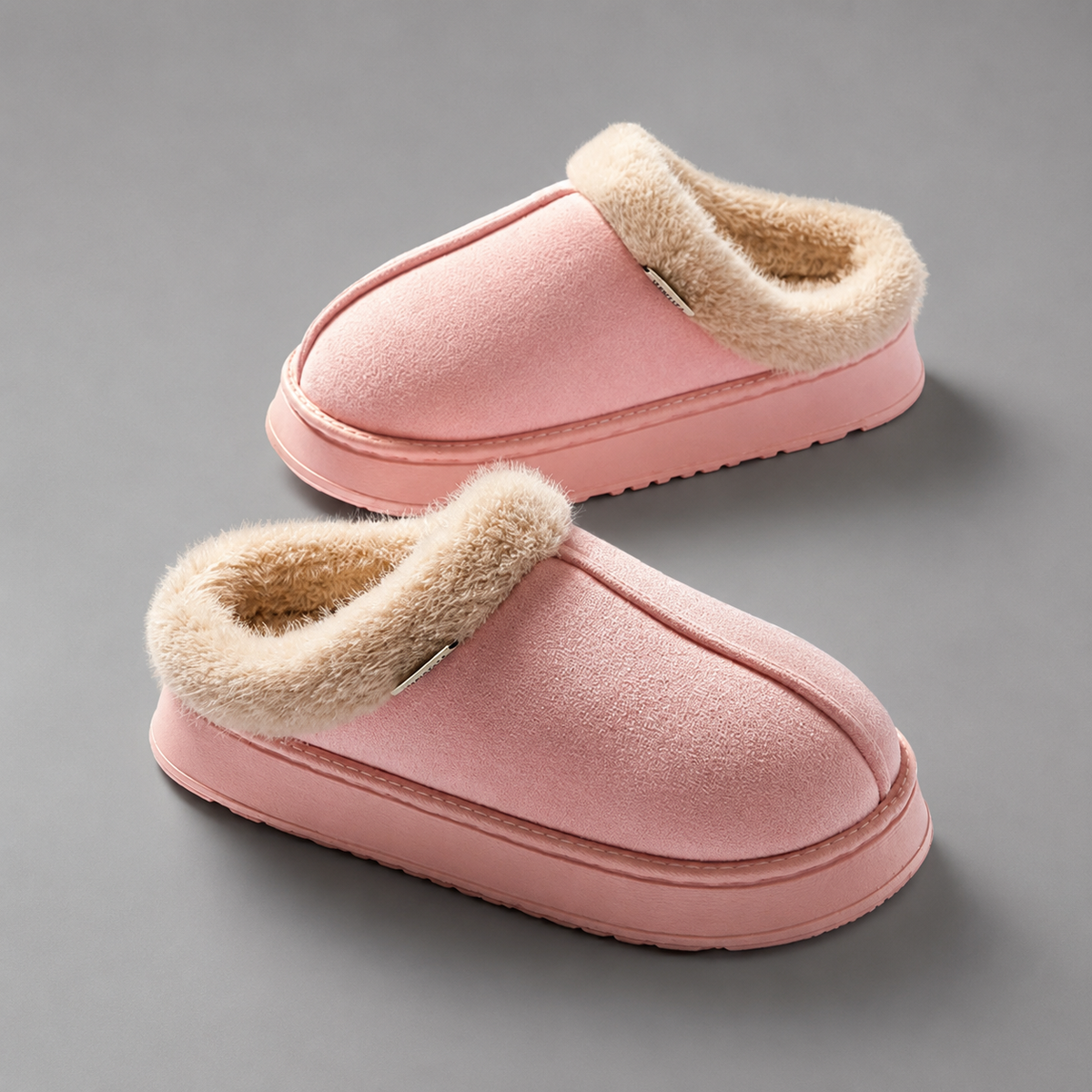 Women’s fleece-lined fluffy slippers with a soft plush upper, cozy interior, open-back slip-on design, and thick cushioned EVA sole.