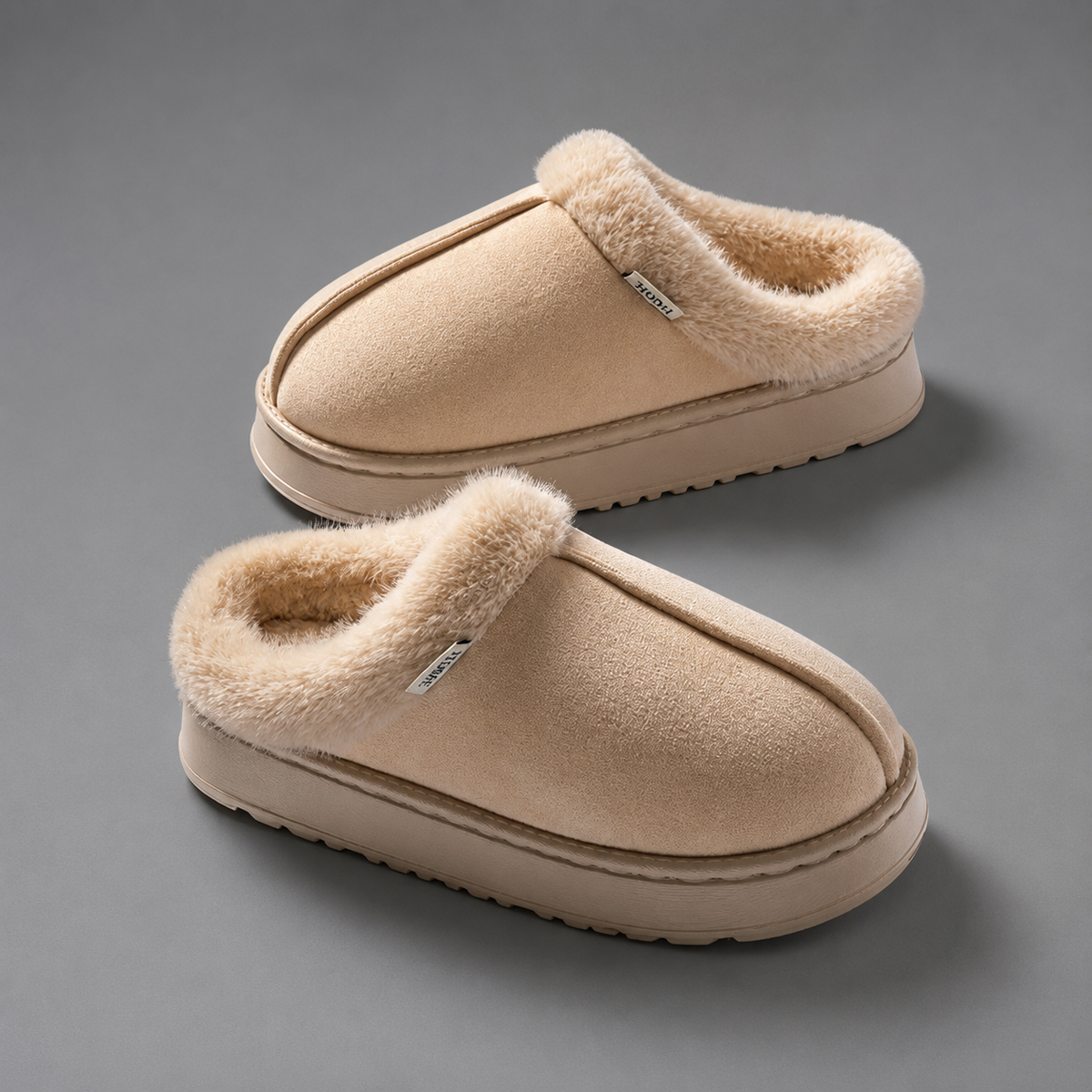 Women’s fleece-lined fluffy slippers with a soft plush upper, cozy interior, open-back slip-on design, and thick cushioned EVA sole.