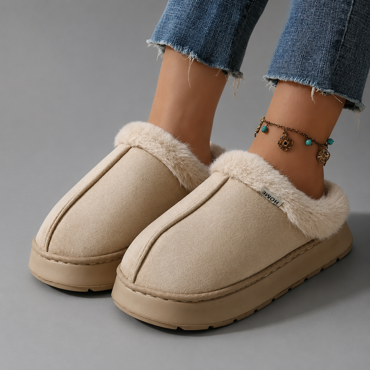 Women’s fleece-lined fluffy slippers with a soft plush upper, cozy interior, open-back slip-on design, and thick cushioned EVA sole.