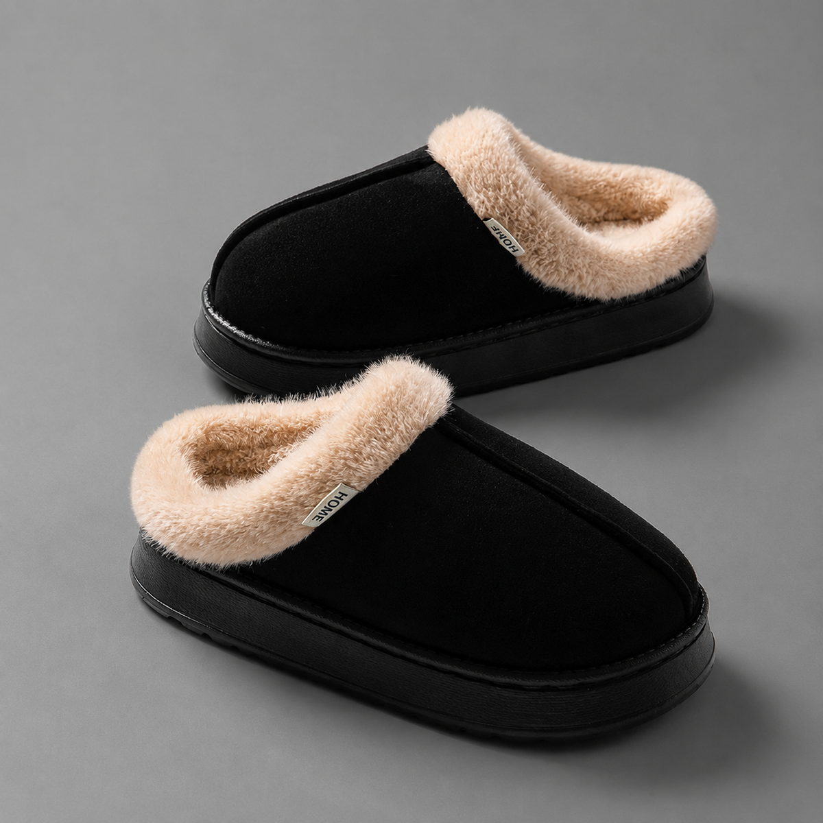 Women’s fleece-lined fluffy slippers with a soft plush upper, cozy interior, open-back slip-on design, and thick cushioned EVA sole.