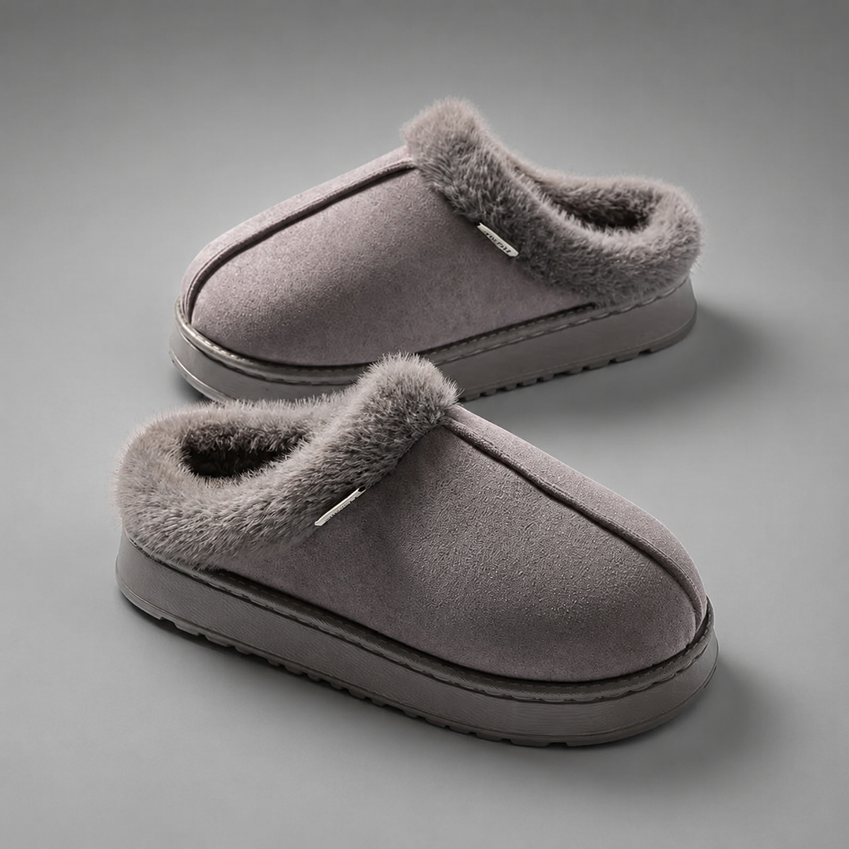 Women’s fleece-lined fluffy slippers with a soft plush upper, cozy interior, open-back slip-on design, and thick cushioned EVA sole.