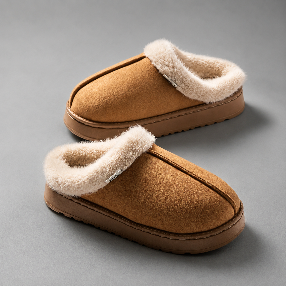Women’s fleece-lined fluffy slippers with a soft plush upper, cozy interior, open-back slip-on design, and thick cushioned EVA sole.