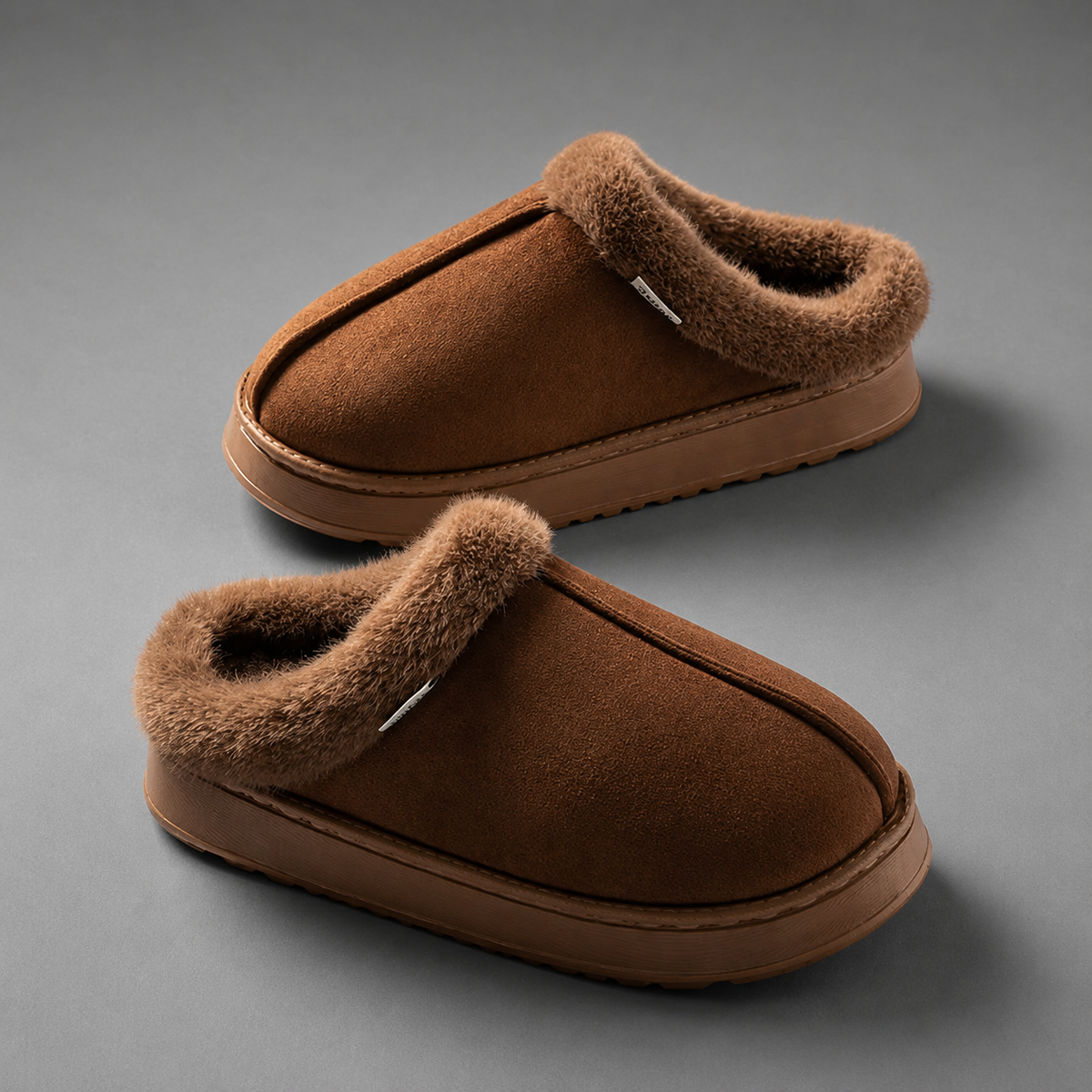 Women’s fleece-lined fluffy slippers with a soft plush upper, cozy interior, open-back slip-on design, and thick cushioned EVA sole.
