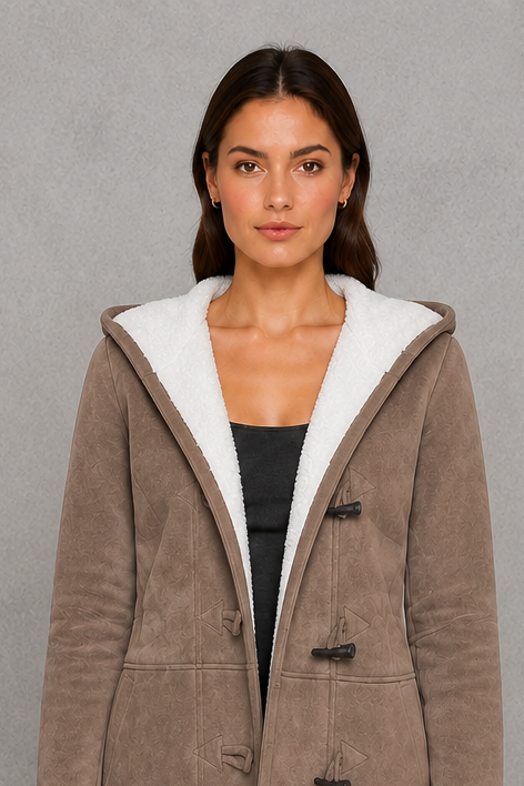 Women’s fleece-lined hooded toggle coat with a soft warm interior, practical hood, classic toggle fastenings, and comfortable regular-fit silhouette.