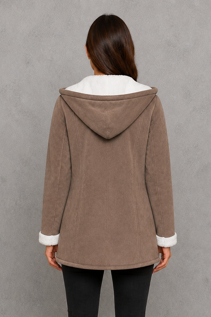 Women’s fleece-lined hooded toggle coat with a soft warm interior, practical hood, classic toggle fastenings, and comfortable regular-fit silhouette.