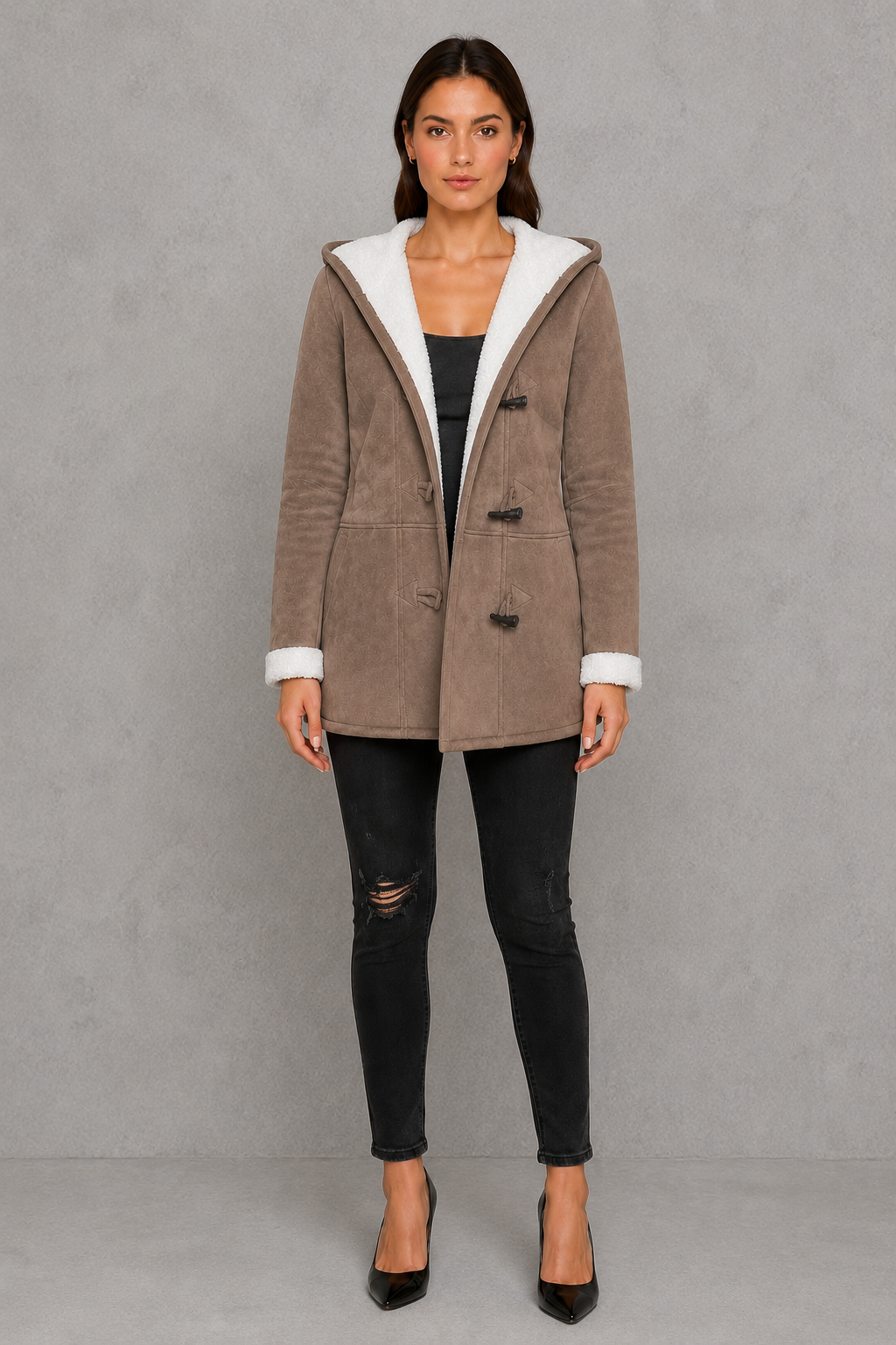 Women’s fleece-lined hooded toggle coat with a soft warm interior, practical hood, classic toggle fastenings, and comfortable regular-fit silhouette.