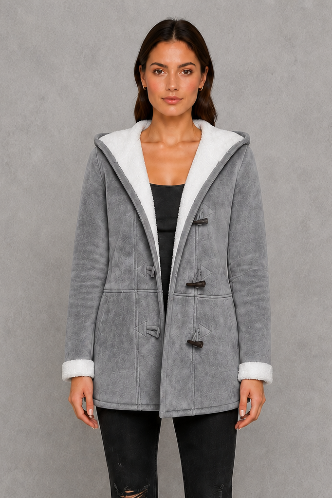 Women’s fleece-lined hooded toggle coat with a soft warm interior, practical hood, classic toggle fastenings, and comfortable regular-fit silhouette.