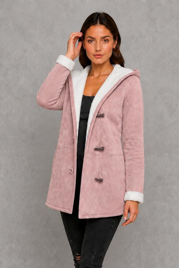 Women’s fleece-lined hooded toggle coat with a soft warm interior, practical hood, classic toggle fastenings, and comfortable regular-fit silhouette.
