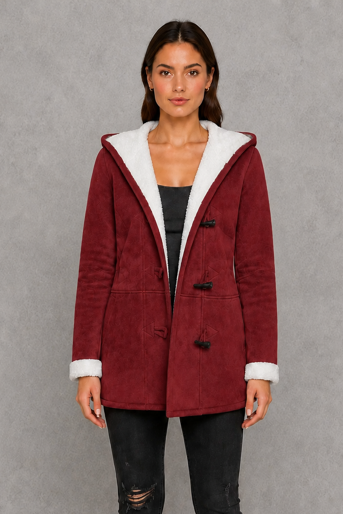 Women’s fleece-lined hooded toggle coat with a soft warm interior, practical hood, classic toggle fastenings, and comfortable regular-fit silhouette.