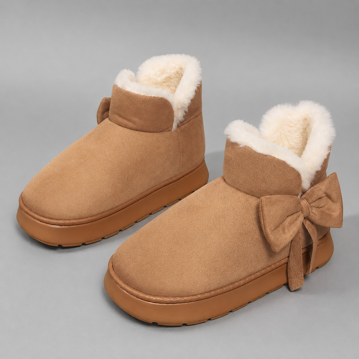 Women’s fleece-lined slipper boots with a soft faux suede upper, plush lining, side bow detail, cushioned platform sole, and slip-on design.