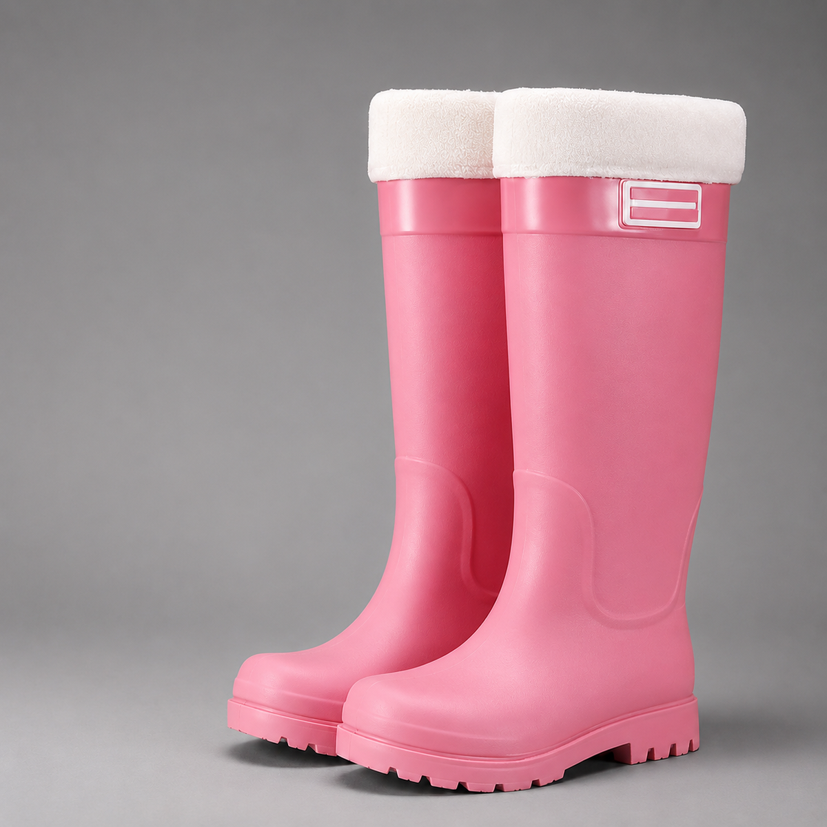 Women’s fleece-lined waterproof rain boots with tall PVC construction, a roomy round toe and deep-tread slip-resistant outsole.