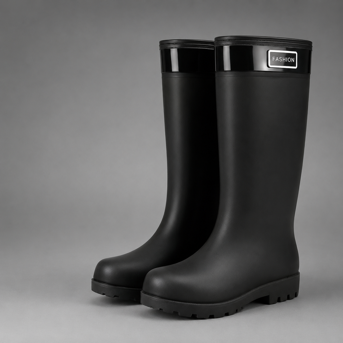 Women’s fleece-lined waterproof rain boots with tall PVC construction, a roomy round toe and deep-tread slip-resistant outsole.
