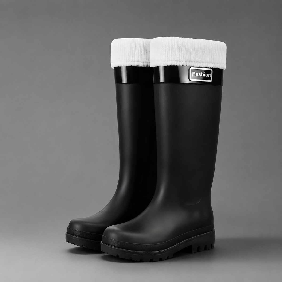 Women’s fleece-lined waterproof rain boots with tall PVC construction, a roomy round toe and deep-tread slip-resistant outsole.