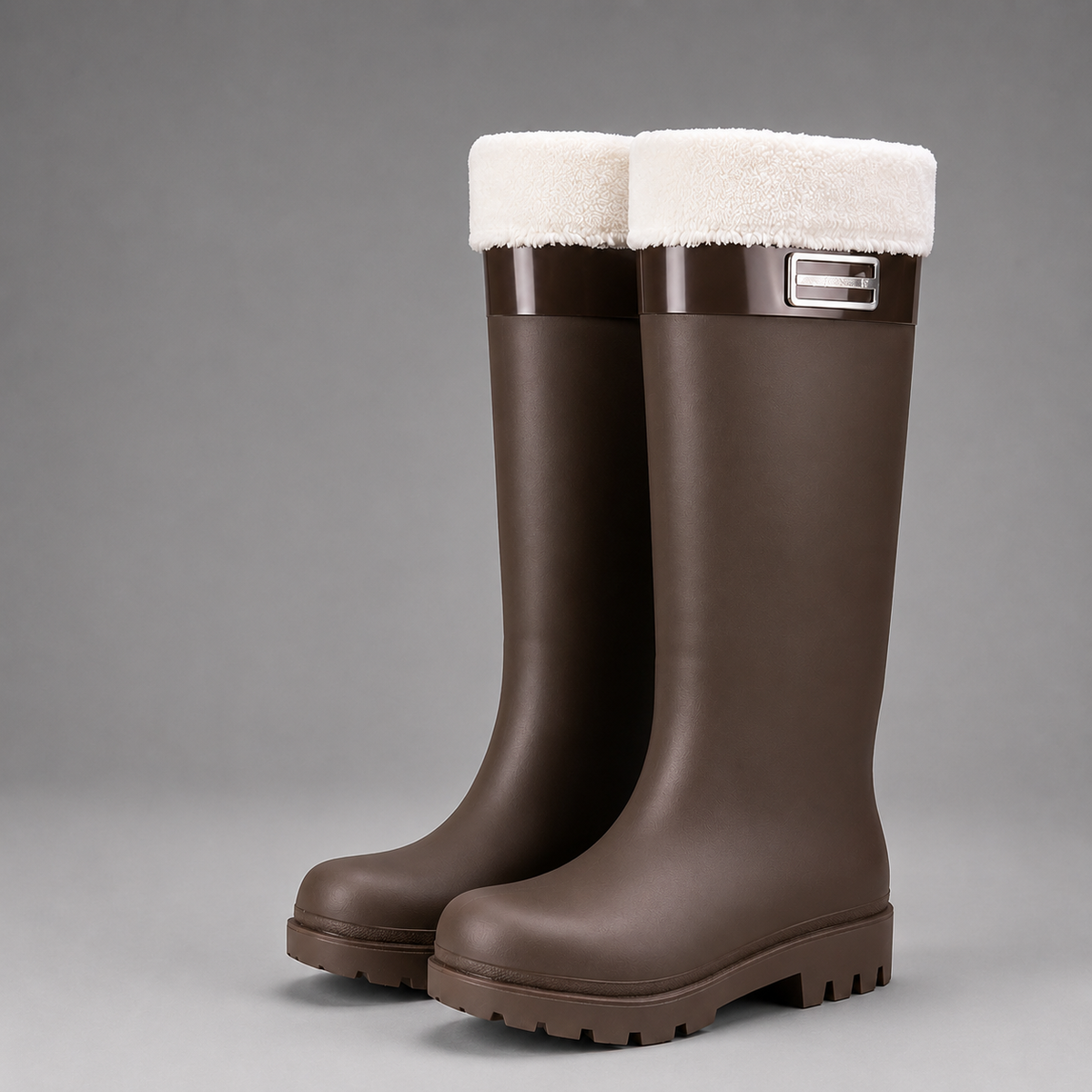 Women’s fleece-lined waterproof rain boots with tall PVC construction, a roomy round toe and deep-tread slip-resistant outsole.