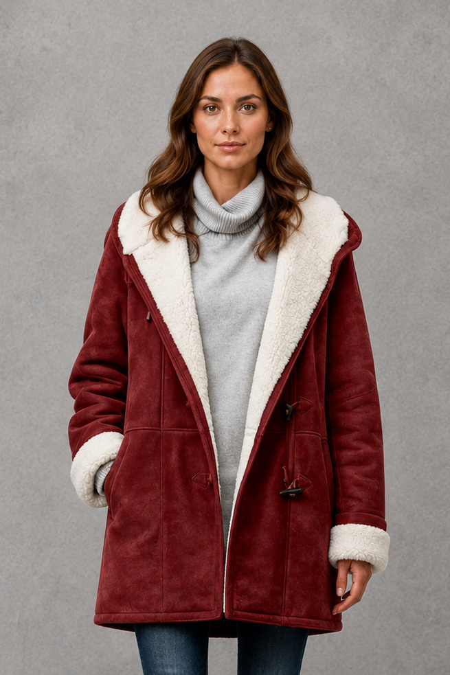 Women’s fleece-lined winter coat with a soft cozy interior, flattering feminine silhouette, comfortable fit, and clean minimalist cold-weather design.