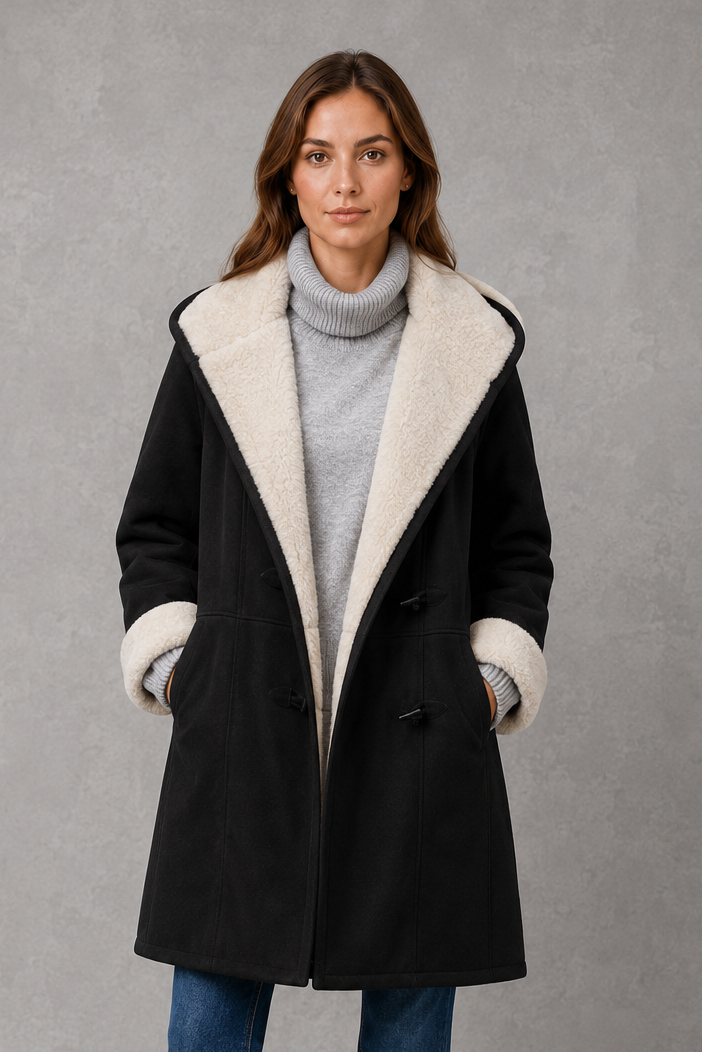 Women’s fleece-lined winter coat with a soft cozy interior, flattering feminine silhouette, comfortable fit, and clean minimalist cold-weather design.