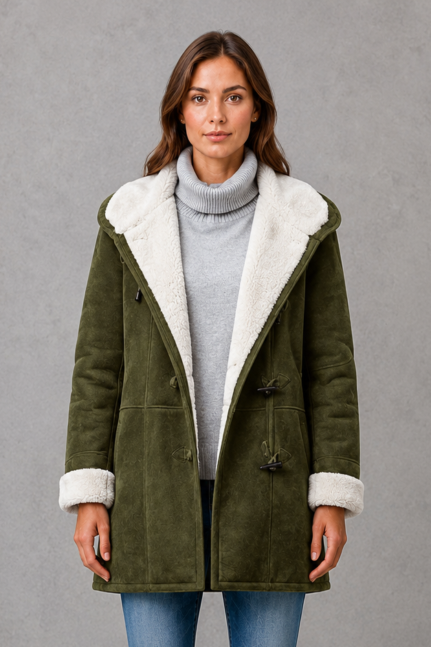 Women’s fleece-lined winter coat with a soft cozy interior, flattering feminine silhouette, comfortable fit, and clean minimalist cold-weather design.