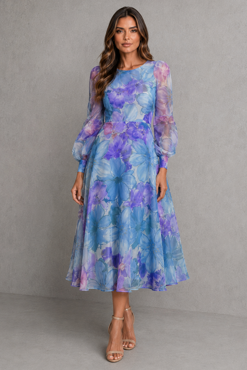 Women’s floral chiffon midi dress with oversized floral print, sheer long sleeves, fitted waist and flowing midi-length skirt.