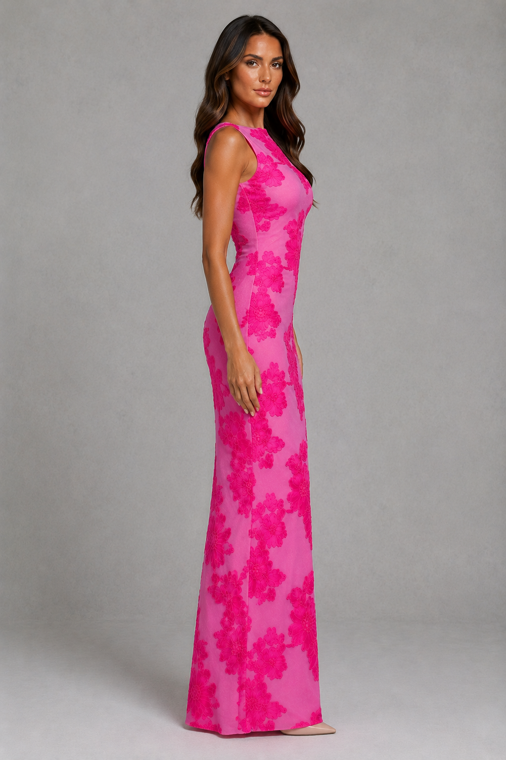 Women's floral embroidered mesh maxi dress featuring intricate floral appliqué, a sleeveless figure-hugging silhouette, lightweight mesh overlay, soft lining, and an elegant full-length design for evening, formal events, weddings, and galas.
