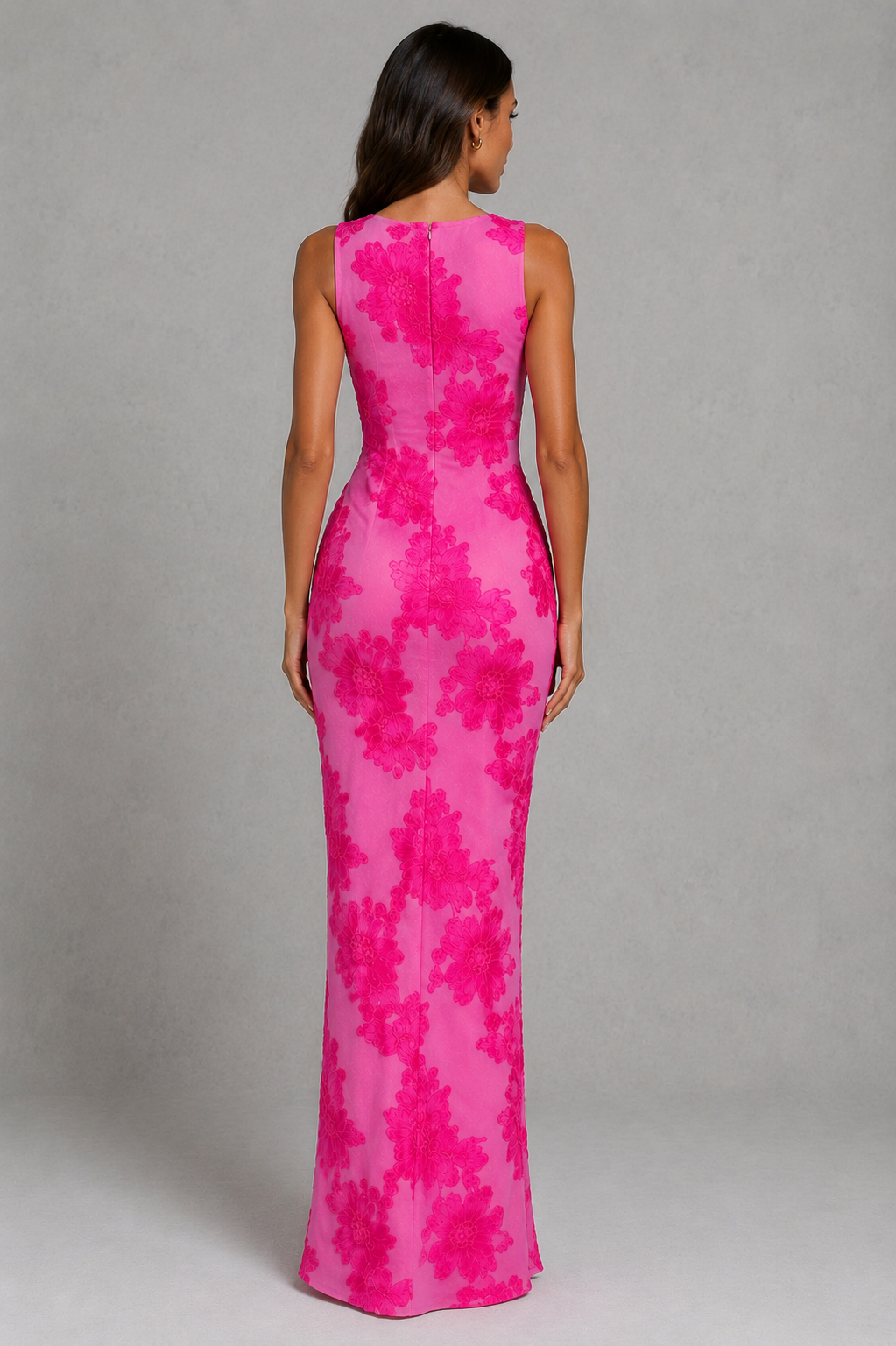 Women's floral embroidered mesh maxi dress featuring intricate floral appliqué, a sleeveless figure-hugging silhouette, lightweight mesh overlay, soft lining, and an elegant full-length design for evening, formal events, weddings, and galas.