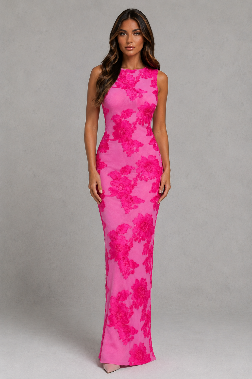 Women's floral embroidered mesh maxi dress featuring intricate floral appliqué, a sleeveless figure-hugging silhouette, lightweight mesh overlay, soft lining, and an elegant full-length design for evening, formal events, weddings, and galas.