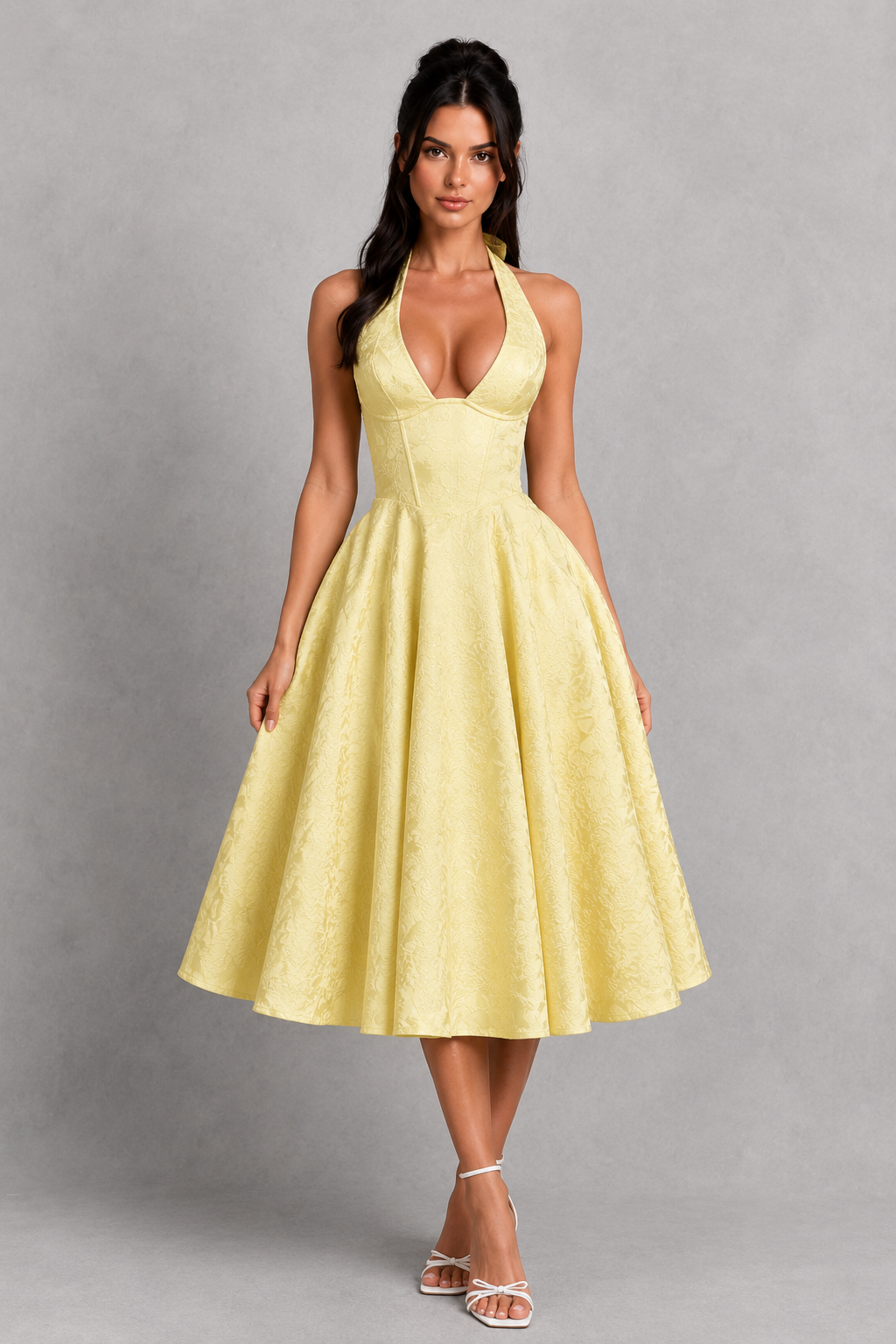 Women's floral jacquard halter midi dress with a structured boned corset bodice, plunge neckline, lace-up back, and full tulle-lined skirt, designed for elegant party wear, weddings, and special occasions.