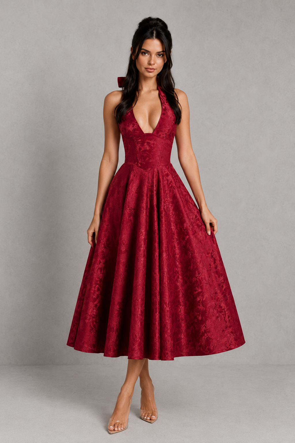 Women's floral jacquard halter midi dress with a structured boned corset bodice, plunge neckline, lace-up back, and full tulle-lined skirt, designed for elegant party wear, weddings, and special occasions.