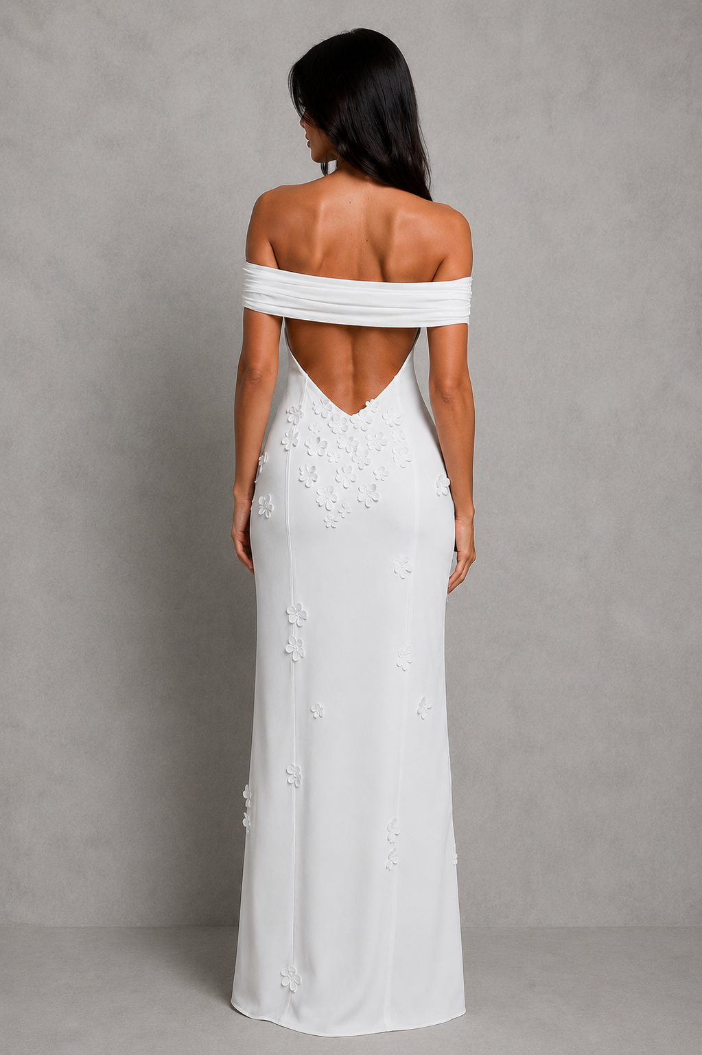 Women's floral mesh Bardot maxi dress featuring elegant 3D floral appliqués, an off-the-shoulder neckline, fitted bodice, open low-back detail, flowing maxi skirt, thigh-high split, and soft stretch mesh fabric for formal occasions and evening events.