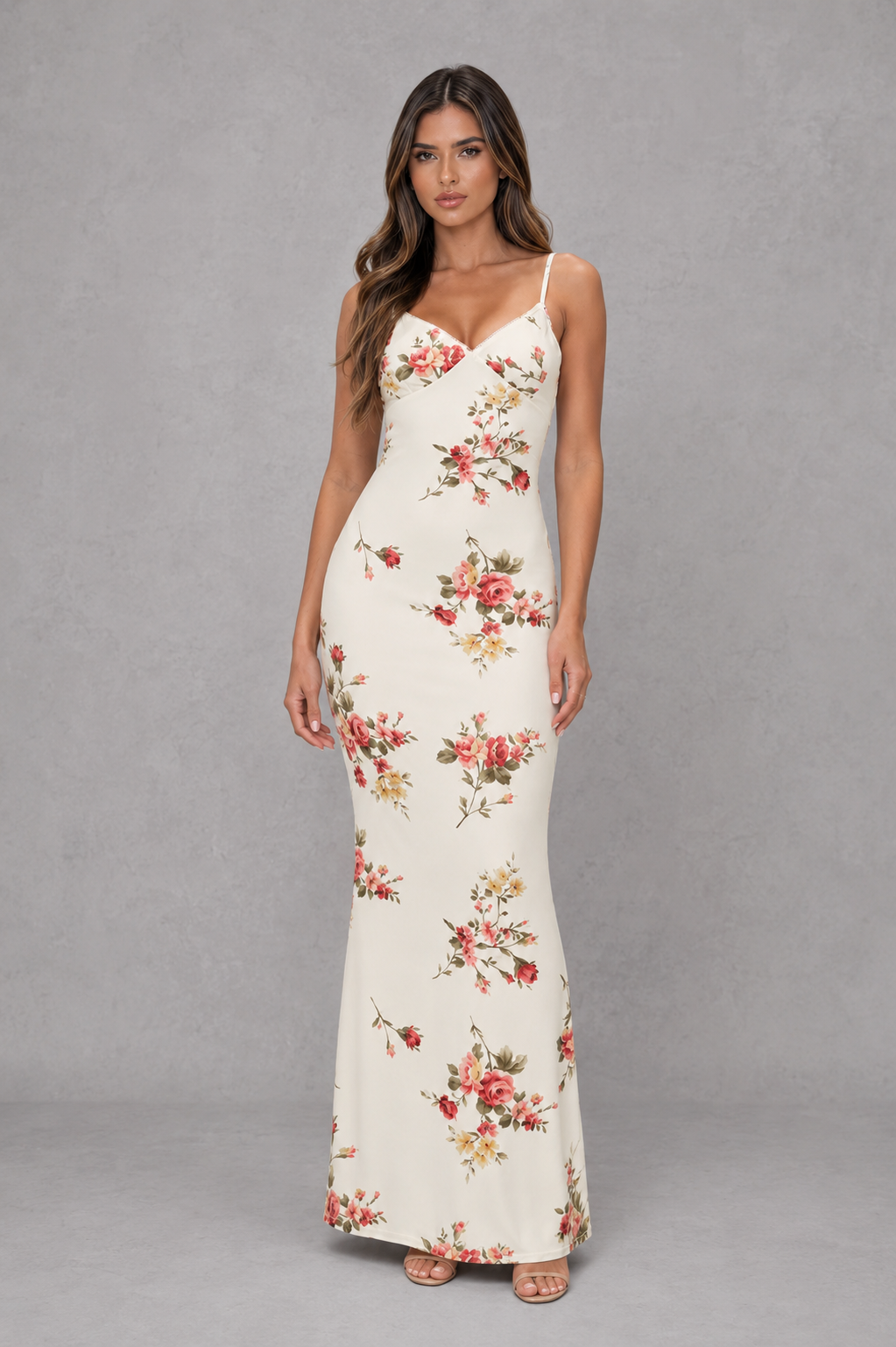 Women’s floral satin-feel maxi dress with adjustable shoulder straps, romantic floral print and a slim flowing full-length silhouette.