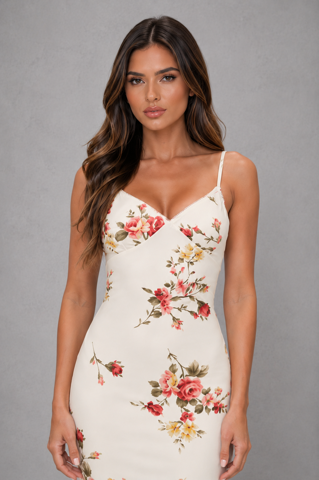 Women’s floral satin-feel maxi dress with adjustable shoulder straps, romantic floral print and a slim flowing full-length silhouette.