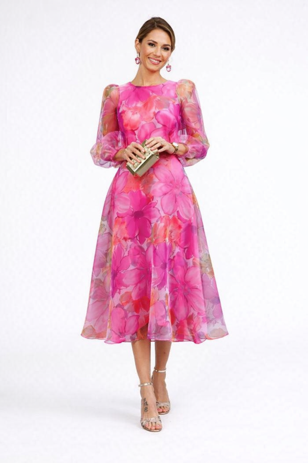 Women's Floral Sheer Sleeve Midi Dress - Klyne Studios
