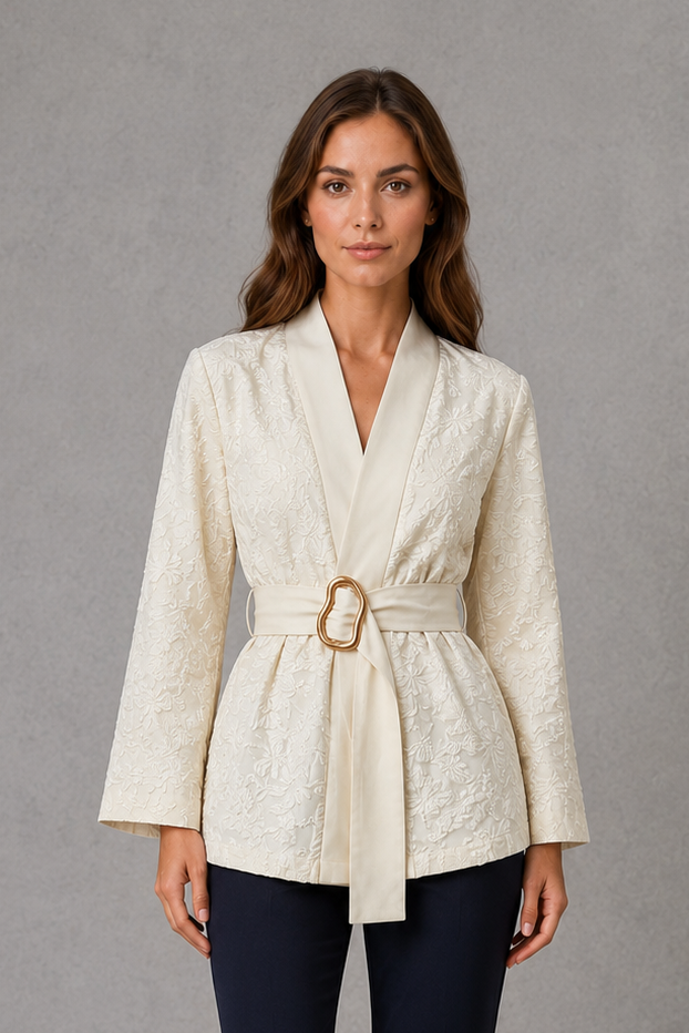 Women’s soft apricot floral wrap blouse with a V-neckline, flowing bell sleeves, pleated waist and matching belt with a gold-tone buckle.