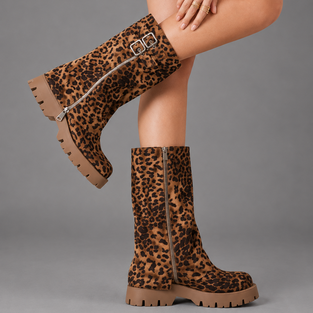 Women’s genuine leather knee-high biker boots with a supple leather upper, long external zipper, double buckle accents, and sturdy sole.