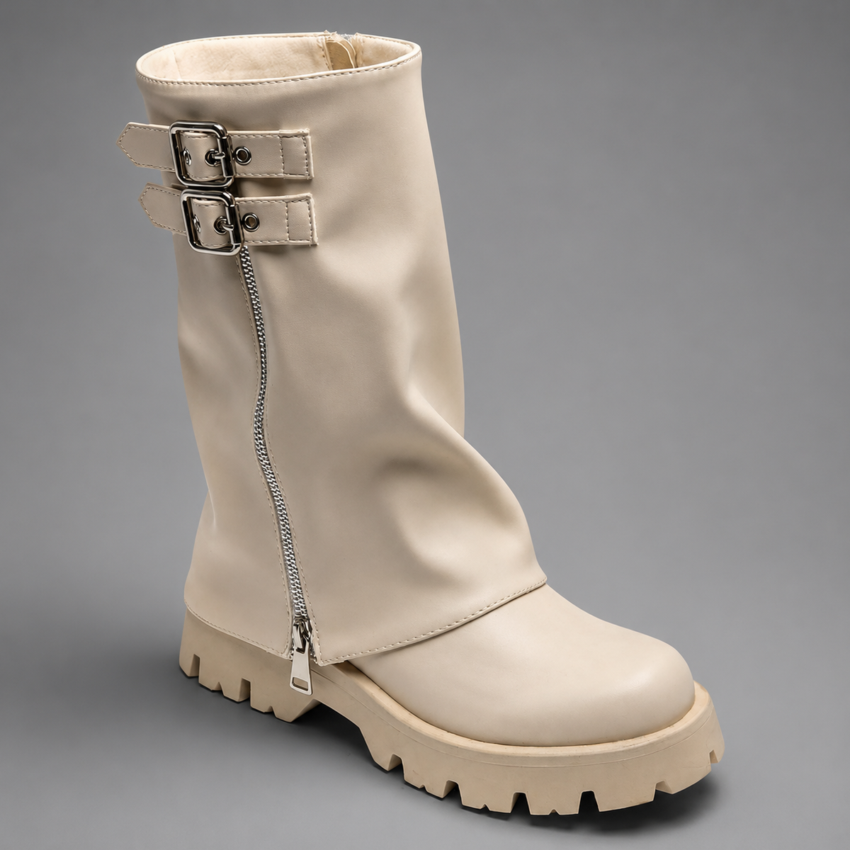 Women’s genuine leather knee-high biker boots with a supple leather upper, long external zipper, double buckle accents, and sturdy sole.