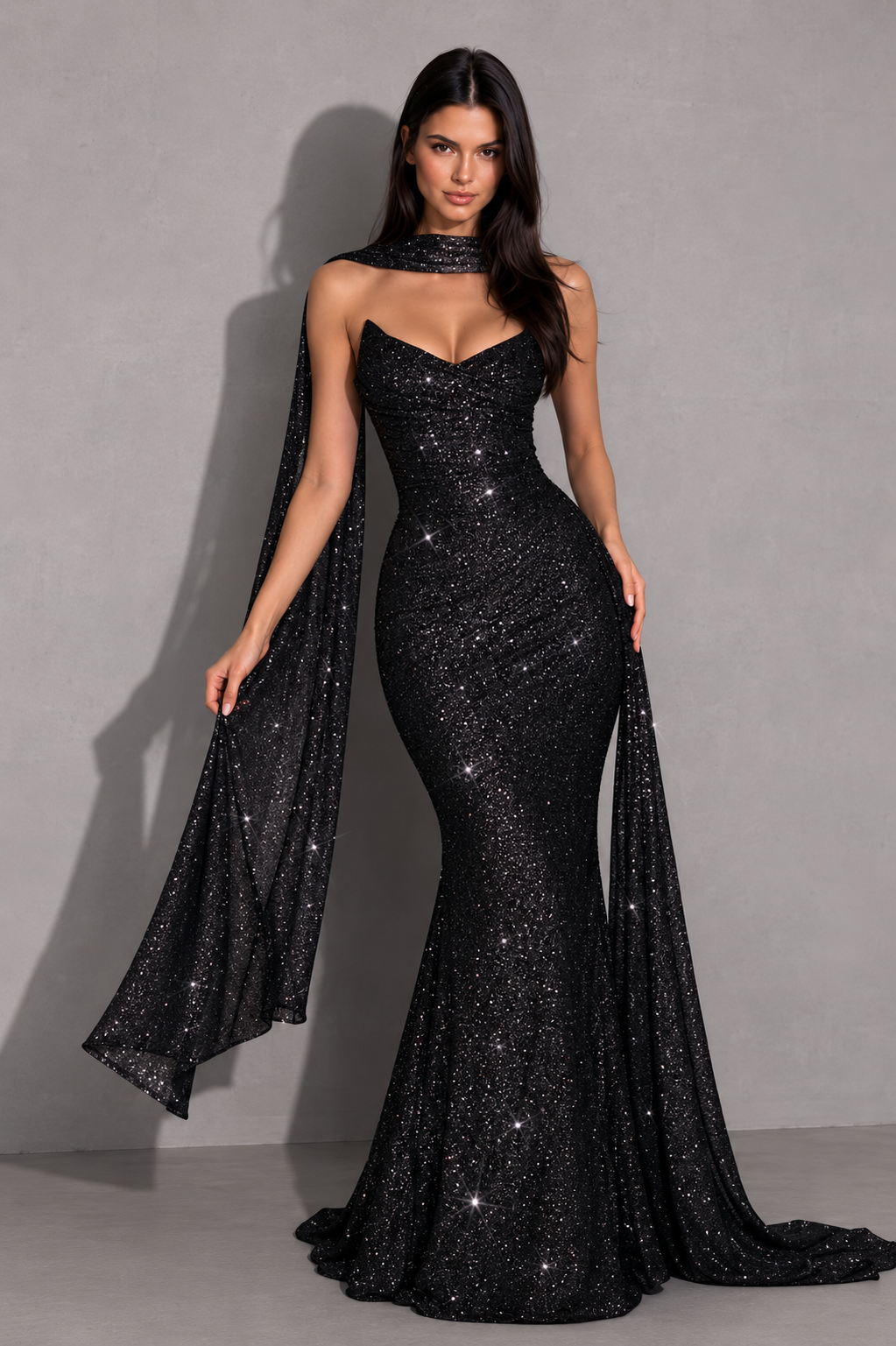 Women's glitter maxi dress with a strapless plunge neckline, wrap-effect ruched bodice, internal boning, draped hip panel, and flowing fit-and-flare godet skirt for elegant evening and formal occasions.