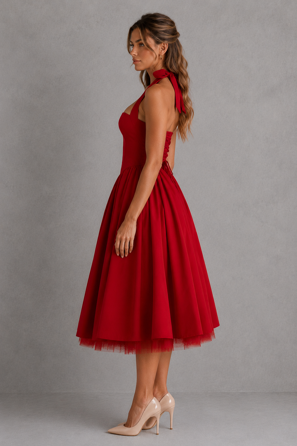 Women's halter midi dress with a square neckline, fitted bodice, princess seams, lace-up back, shirred panel, and flowing midi skirt in lightweight cotton blend voile for evening and formal occasions.