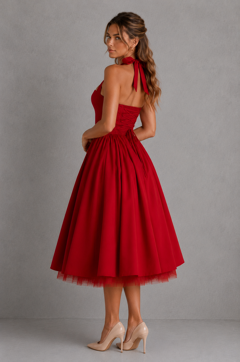 Women's halter midi dress with a square neckline, fitted bodice, princess seams, lace-up back, shirred panel, and flowing midi skirt in lightweight cotton blend voile for evening and formal occasions.