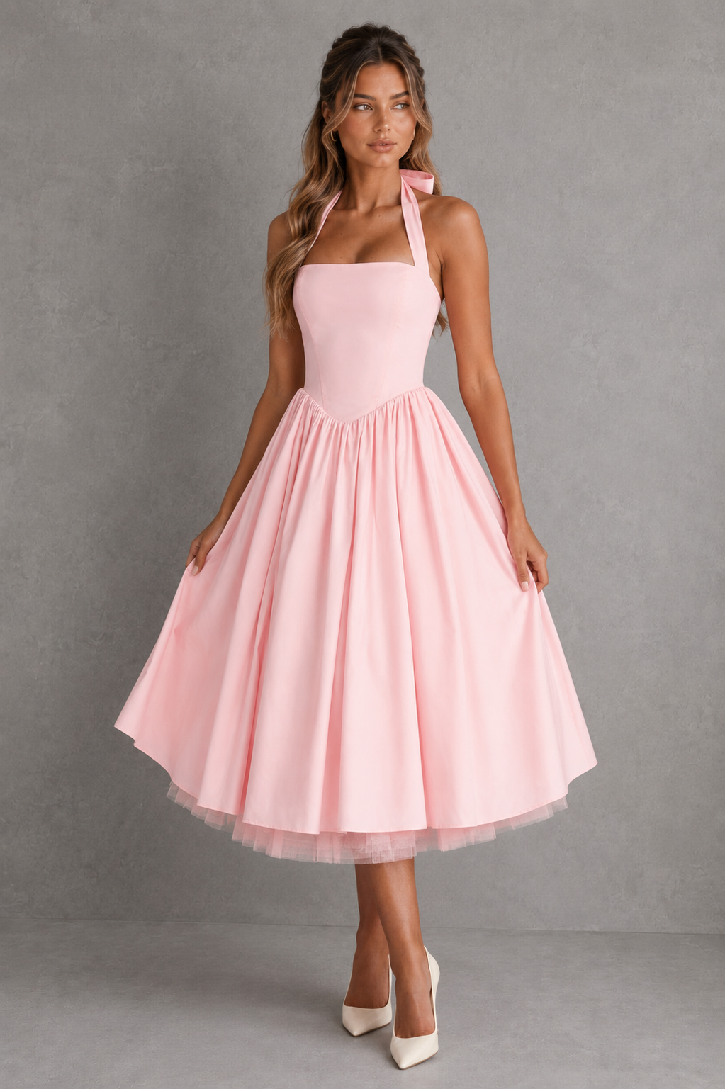 Women's halter midi dress with a square neckline, fitted bodice, princess seams, lace-up back, shirred panel, and flowing midi skirt in lightweight cotton blend voile for evening and formal occasions.