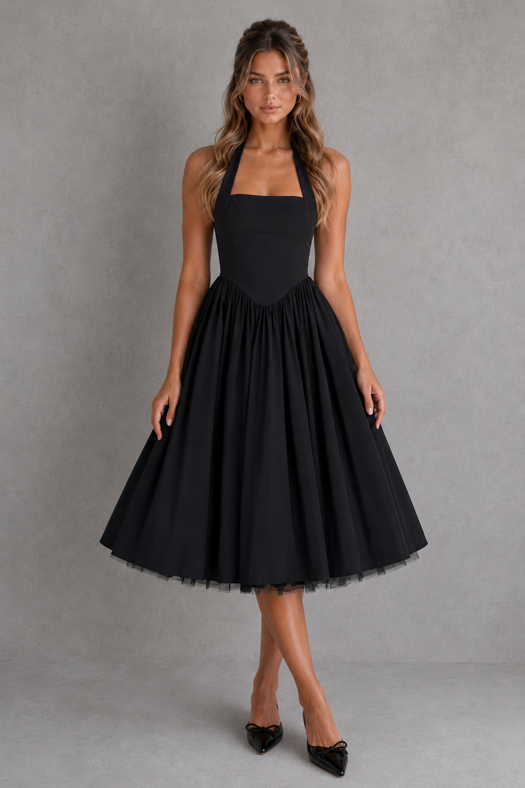 Women's halter midi dress with a square neckline, fitted bodice, princess seams, lace-up back, shirred panel, and flowing midi skirt in lightweight cotton blend voile for evening and formal occasions.